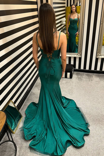 Elegant Mermaid Straps Dark Green Satin Prom Dress with Beaidng VK25010208
