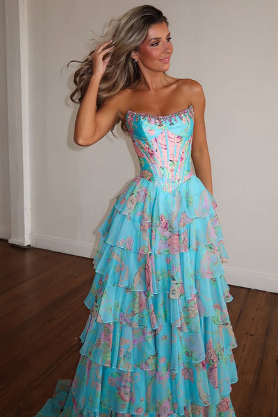 2026 New Arrival A Line Scoop Neck Floral Chiffon Prom Dress with Beading VK25122803
