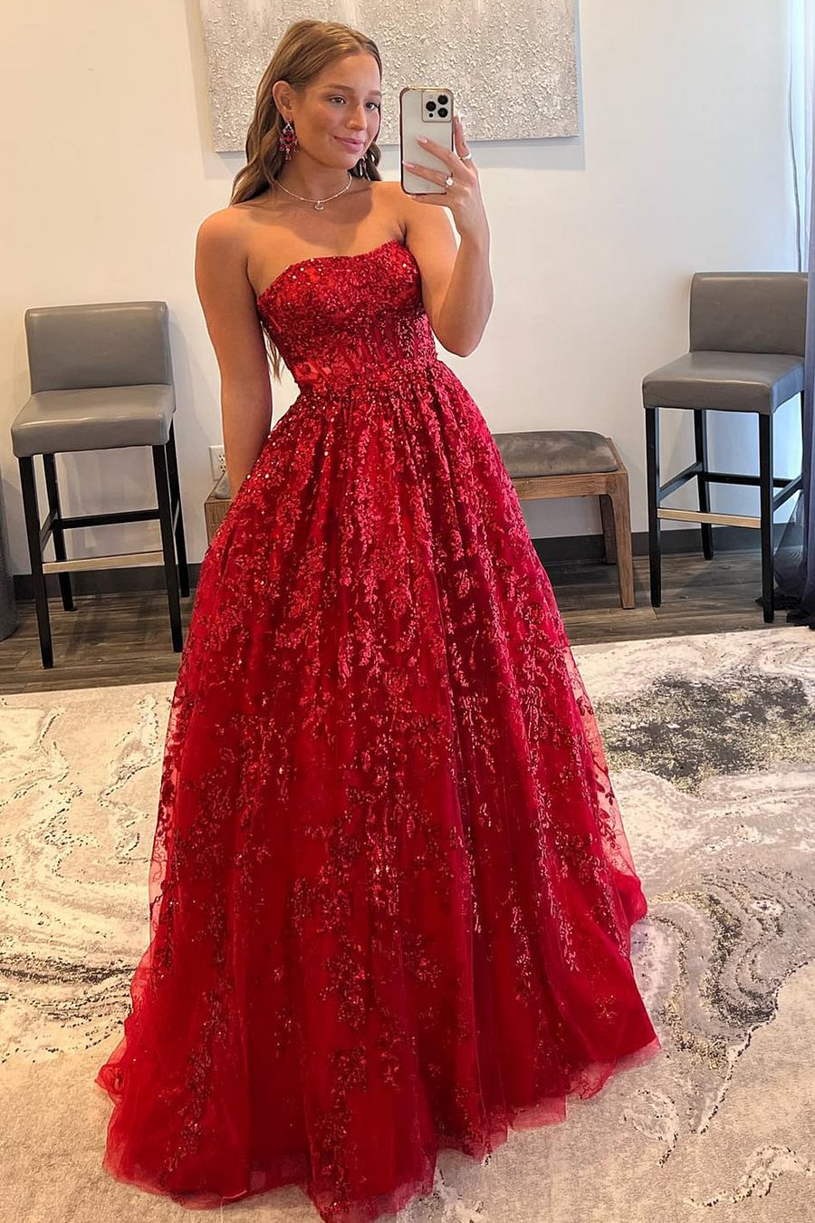 Red A-Line Strapless Sequin Lace Prom Dresses VK23101605