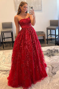 Red A-Line Strapless Sequin Lace Prom Dresses VK23101605