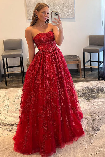 Red A-Line Strapless Sequin Lace Prom Dresses VK23101605