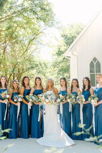 Simple Mermaid Spaghetti Straps Blue Long Bridesmaid Dresses with Bow Back VK24040703