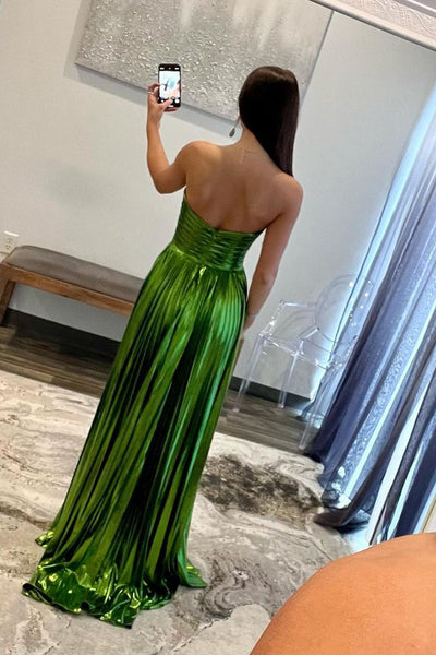 Fashion A Line Strapless Metallic Satin Pleated Prom Dresses with Slit