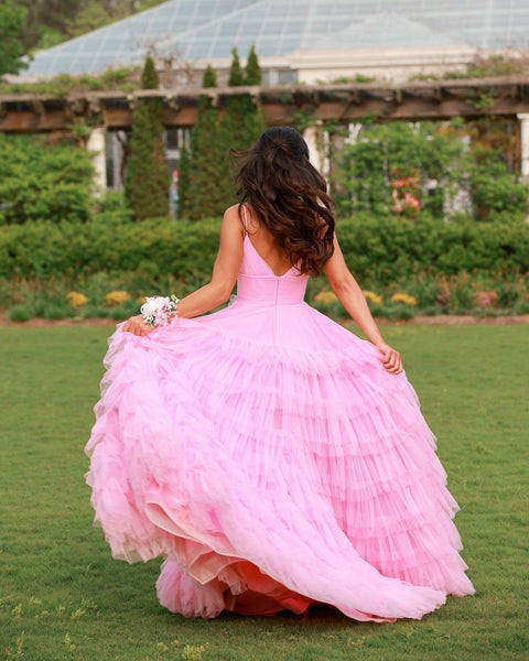 Charming Ball Gown V Neck Pink Tulle Long Prom Dresses VK23050501