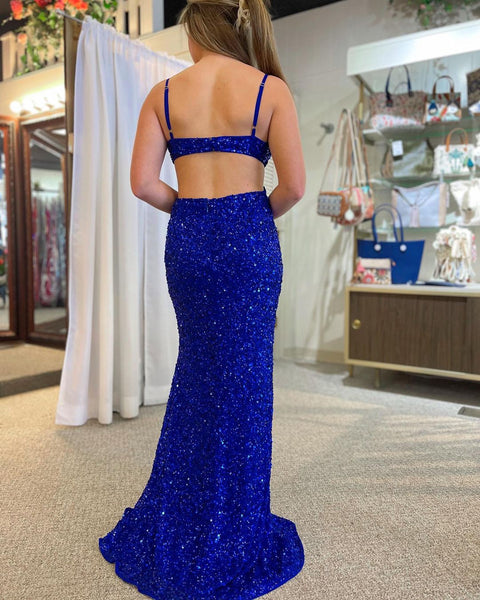 Sparkly Mermaid V Neck Royal Blue Sequins Long Prom Dresses with Slit VK23051807
