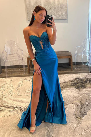Royal Blue Strapless Mermaid Long Prom Dresses with Appliques VK24011605