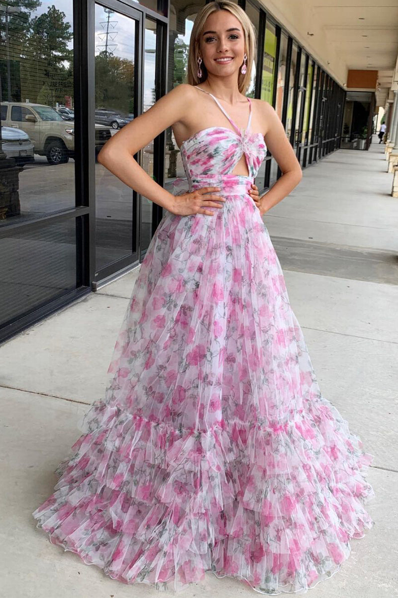 Pink Print Halter Keyhole A-Line Long Prom Dress VK23121608