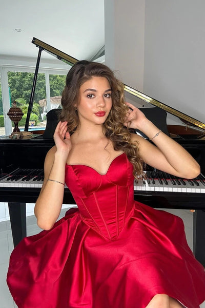 Sweetheart Red Satin A-line Short Homecoming Dresses VK23082203