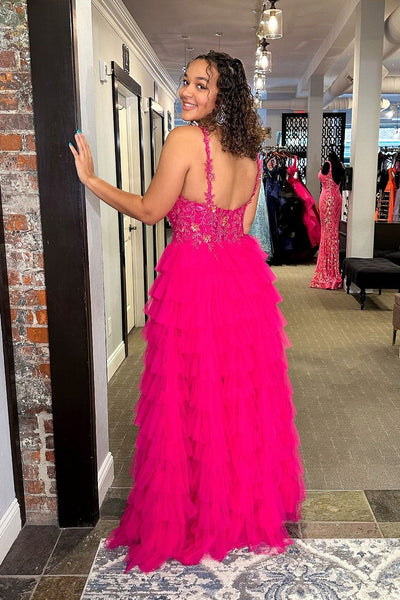 Fuchsia V Neck Ruffle Tiered Tulle Long Prom Dress with Appliques VK24050401