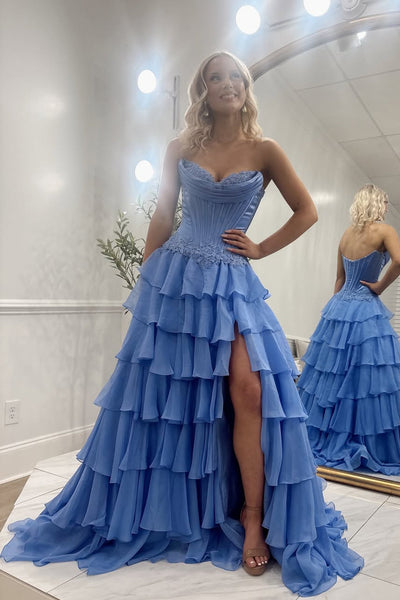 Cute A Line Sweetheart Blue Chiffon Tiered Prom Dress with Appliques VK16012703