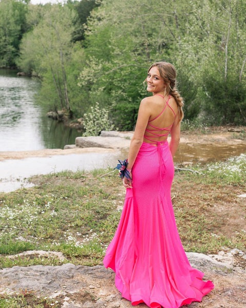 Charming Mermaid V Neck Hot Pink Satin Long Prom Dresses with Beading VK23052002