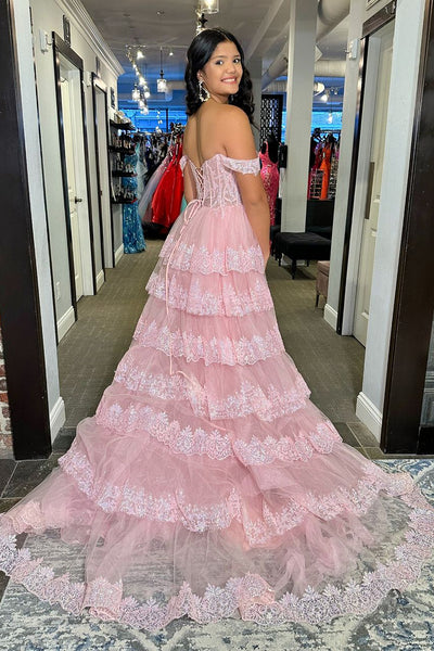 Charming A Line Off the Shoulder Pink Tulle Prom Dresses with Sequins Lace VK23011704