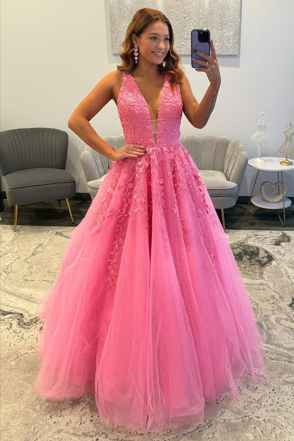 Gorgeous A Line V Neck Pink Tulle Prom Dress with Appliques VK15112701