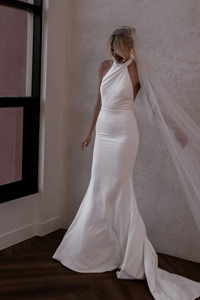 Mermaid Halter Elastic Satin Long Wedding Dresses VK25051103