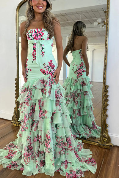 Cute Mermaid Sweetheart Blue White Floral Chiffon Prom Dress VK25122901