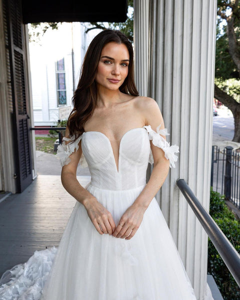 Fairy A Line V Neck Tulle Wedding Dresses with 3D Flower Appliques VK23061106