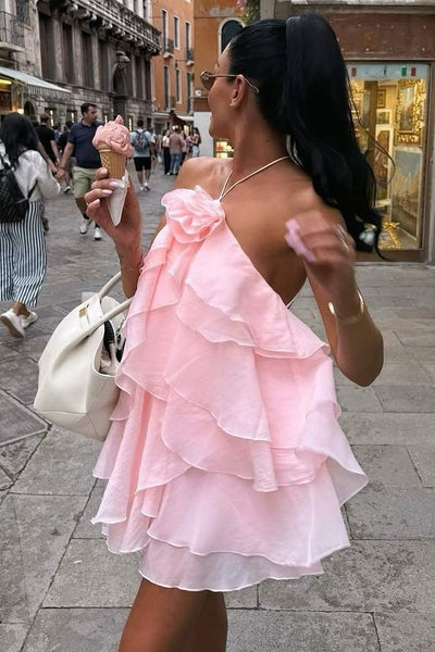 Halter A-Line Ruffles Chiffon Backless Short Homecoming Summer Dress VK26070112
