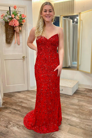 Red Strapless Sequin Lace Mermaid Long Prom Dresses VK24012203