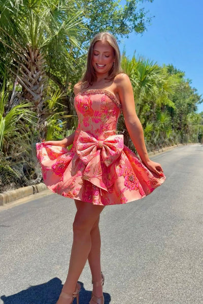 A Line Stapless Coral Red Jacquard Satin Homecoming Dress with Bow VK26062108