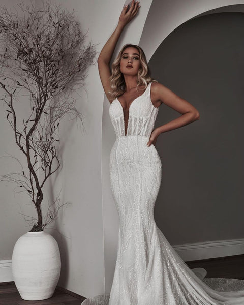 Luxurious Mermaid V Neck Sequins Wedding Dresses with Removable Train VK23051901