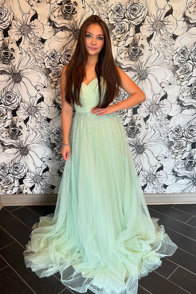 Cute A Line Sweetheart Light Green Tulle Prom Dress with Beading