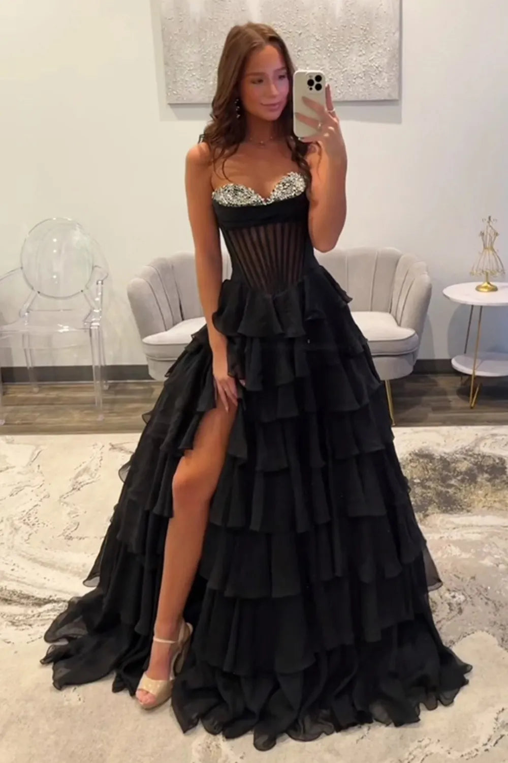 Black A Line Corset Ruffle Tiered Long Prom Dresses with Beadings VK022501