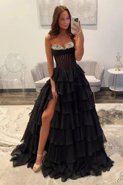 Black A Line Corset Ruffle Tiered Long Prom Dresses with Beadings VK022501