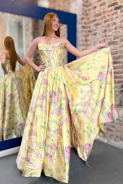 Cute A Line Scoop Neck Yellow Floral Satin Prom Dress VK26031801