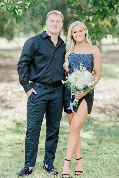 Cute Scoop Neck Black Satin Tight Homecoming Dresses with Beading VK13112801