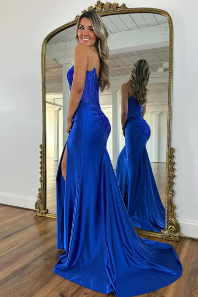 Gorgeous Mermaid Strapless Royal Blue Corset Beaded Prom Dresses with Slit VK26020508