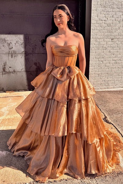 Ball Gown Strapless Gold Organza Tiered Prom Dress with Bow VK020508