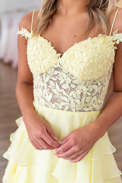 A-Line Cold Shoulder Yellow Ruffle Tiered Long Prom Dresses with Slit VK022309