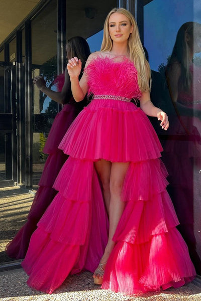High-Low Hot Pink Strapless Feathers Prom Dress VK23102807