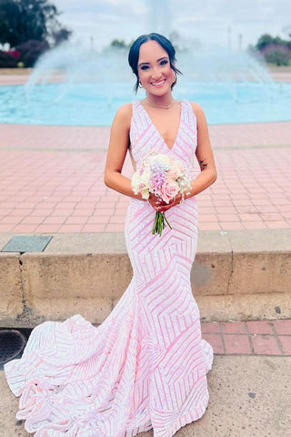 Light Pink Sequins V Neck Mermaid Long Prom Dresses VK24051402