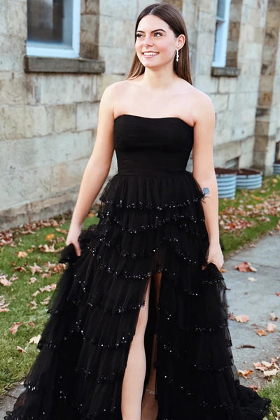 Black Tulle Strapless Ruffle Beaded Long Prom Dress with Slit VK23110903