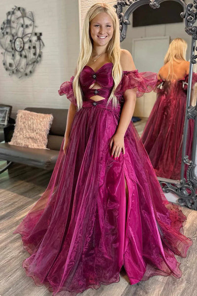 Fairy A Line Sweetheart Royal Blue Organza Slit Prom Dresses with Beading VK112114
