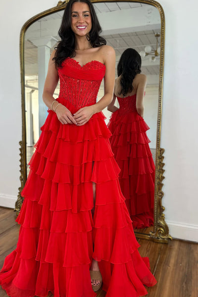 Gorgeous A Line Sweetheart Red Chiffon Tiered Prom Dress with Slit VK25100604