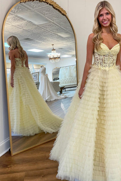 A-Line Yellow Appliques Sweetheart Ruffle Tiered Tulle Prom Dress VK23112112