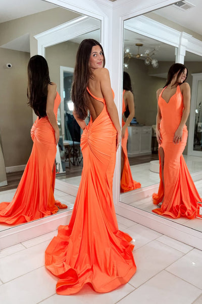 Mermaid V Neck Orange Stretch Satin Long Prom Dress with Slit VK26031506