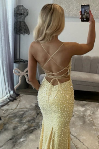 Mermaid V Neck Yellow Beaded Long Prom Dresses with Pearls VK26020607
