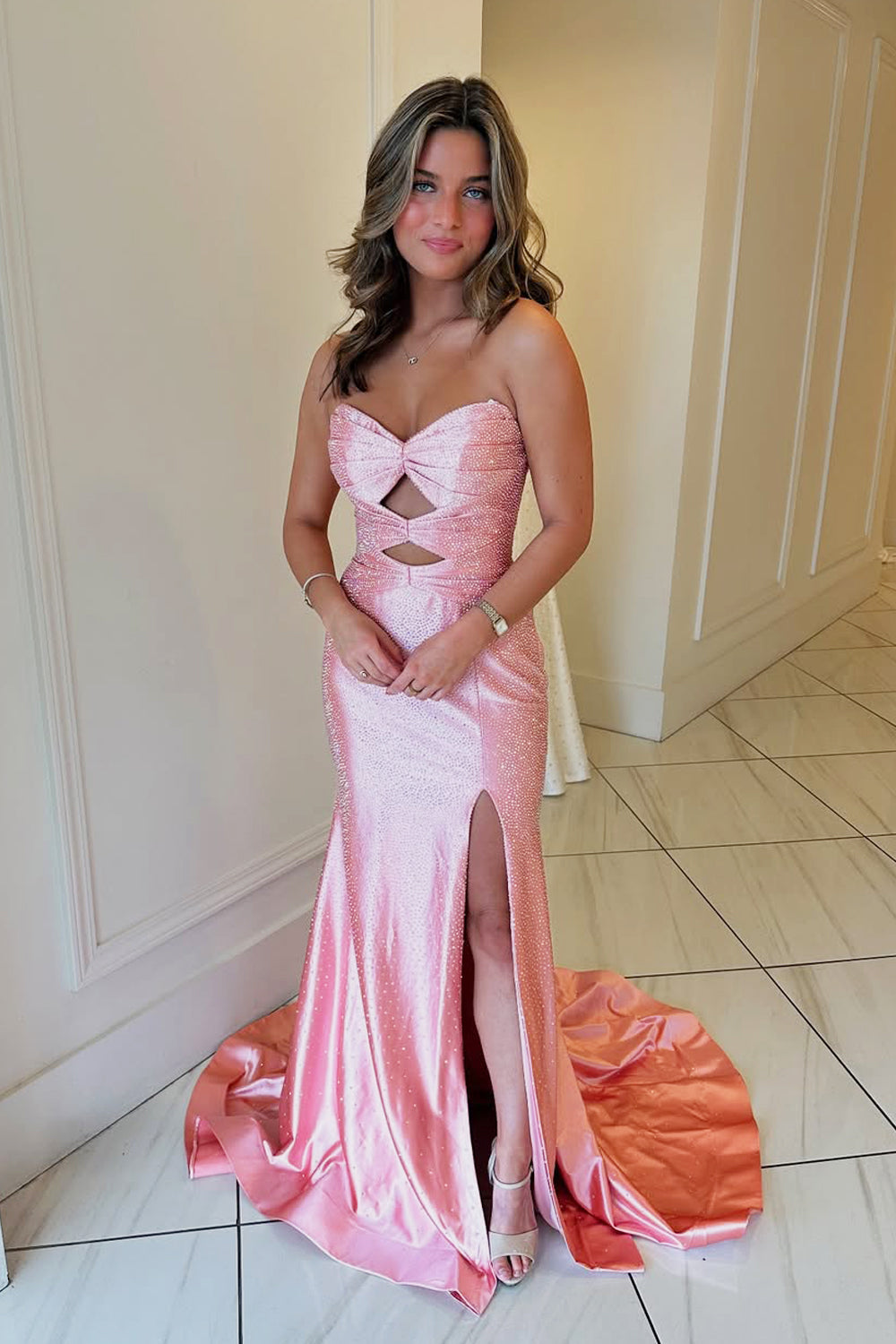 Cute Mermaid Sweetheart Pink Slit Prom Dress with Beading VK1361802