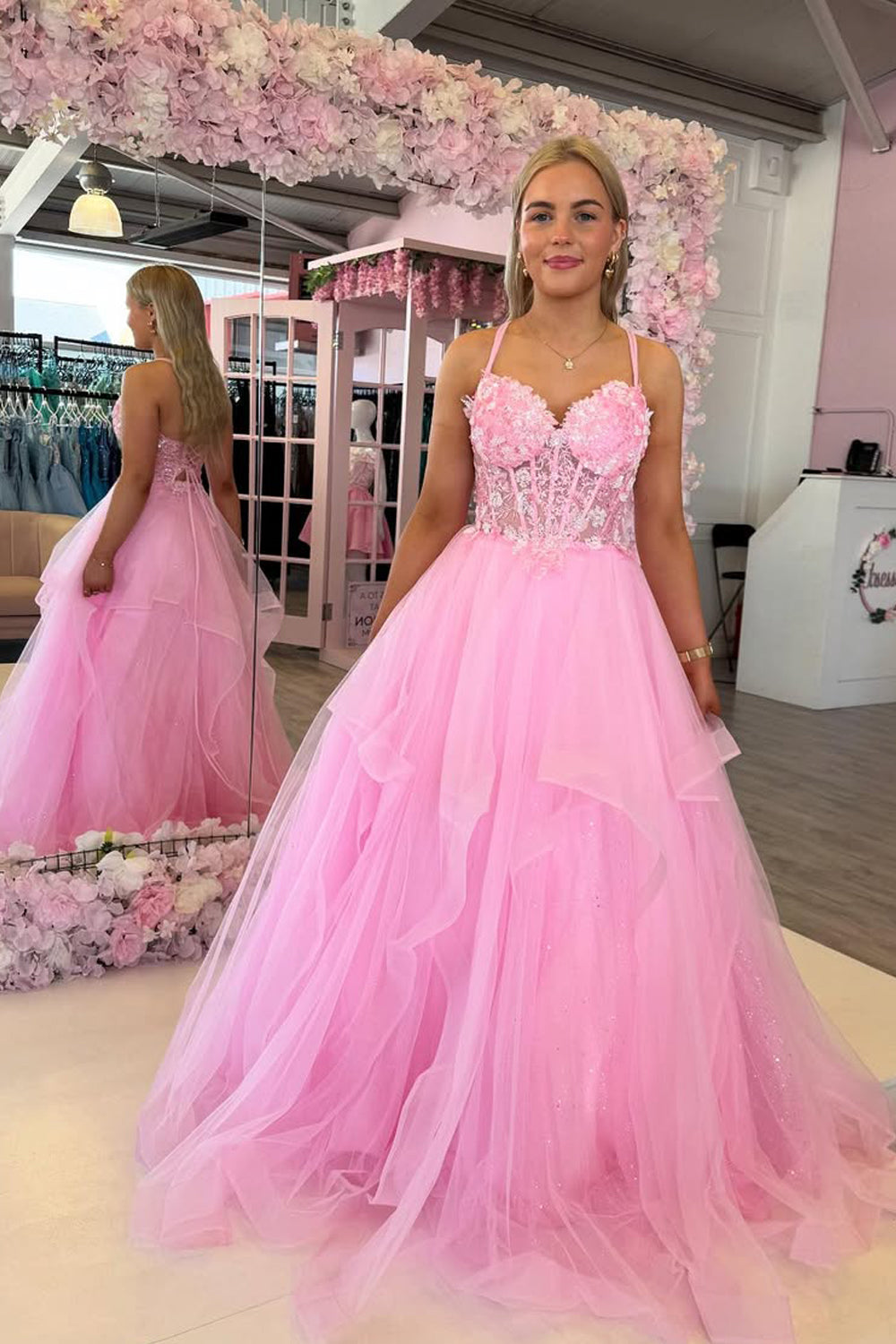 Gorgeous A Line V Neck Pink Tulle Long Prom Dress with Appliques VK5111401