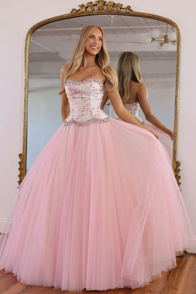 Cute A-Line Sweetheart Blush Pink Tulle Long Prom Dress with Beading VK26102605