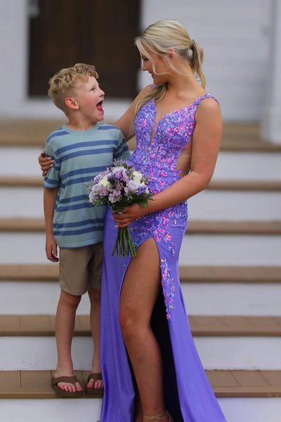 Cute Mermaid V Neck Purple Satin Slit Prom Dresses with Appliques