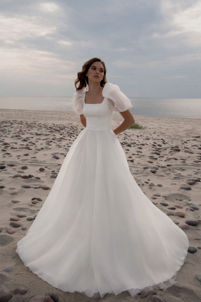Charming A-Line Square Neck Puff Sleeves Wedding Dresses with Train VK23091101 – Vickidress