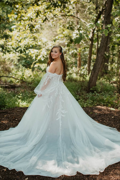 Fairy A Line Off the Shoulder Long Sleeves Tulle Wedding Dress with Lace VK25052607