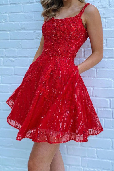 Glitter A-Line Scoop Neck Red Sequins Short Homecoming Dresses with Pockets VK23080808