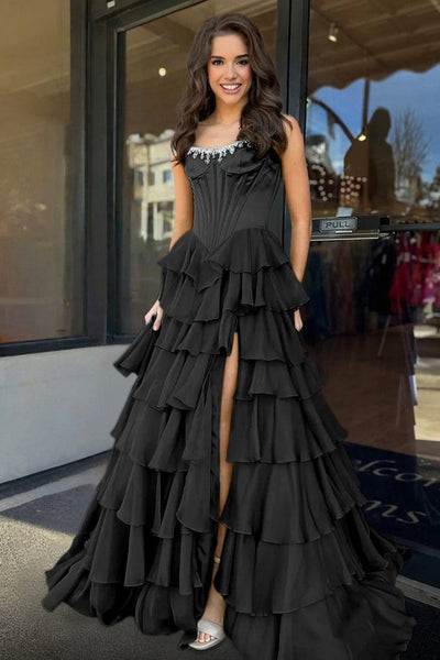 Charming A-Line Strapless Green Chiffon Tiered Long Prom Dresses with Slit VK26010602