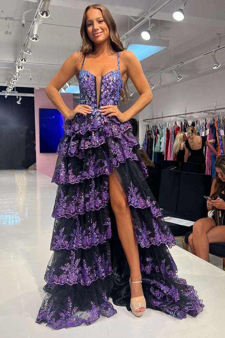Straps Purple Sequin Layered Tulle Prom Dress Formal Dress with Slit VK23113004