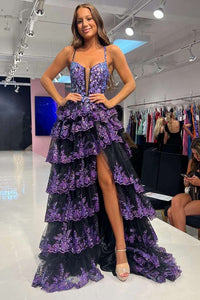 Straps Purple Sequin Layered Formal Dress with Slit VK23113004